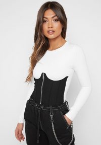 Manière De Voir CORSET UNDERBUST LONG SLEEVE BODYSUIT – WHITE