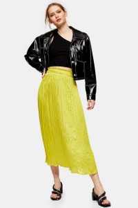 TOPSHOP Crushed Satin Pleated Skirt in Chartreuse