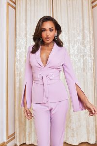 lavish alice eyelet belted blazer in pastel purple