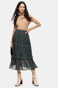 Topshop Green Garden Floral Pleated Hem Skirt