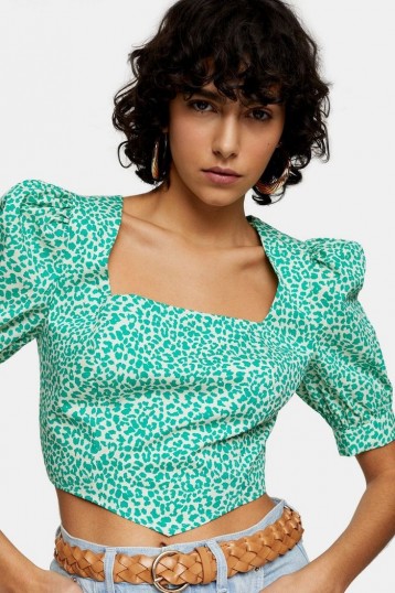 TOPSHOP Green Leopard Print Corset Top – puff sleeve blouse