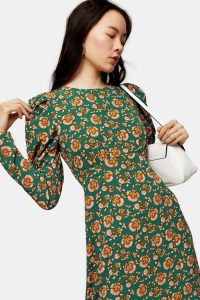 Topshop Green Paisley Volume Sleeve Midi Dress