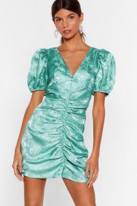 NASTY GAL Hey There Hot Puff Satin Jacquard Dress in Teal – ruched party dresses