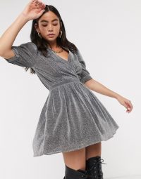 House Of Holland glitter vneck mini dress in silver