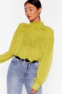 NASTY GAL If It Ain’t Got That Swing Chiffon Shirred Blouse in Lime – sheer high neck blouses