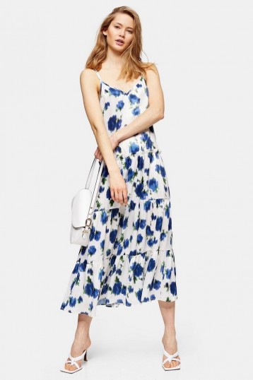 Topshop Ivory Floral Tiered Satin Slip Dress