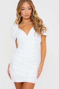 JAC JOSSA WHITE STRUCTURED SHOULDER RUCHED MINI DRESS