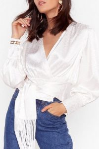 NASTY GAL Jacquard Satin Fringed Wrap Blouse in White