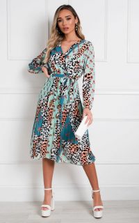 Ikrush Jemma Pleated Multi Print Midi Dress in Green – multi printed dresses