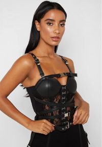 Manière De Voir LACE AND VEGAN LEATHER BUSTIER BODYSUIT – BLACK | buckle strap bodysuits