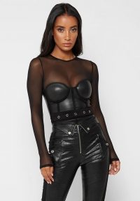 Manière De Voir LONG SLEEVE MESH BUSTIER BODYSUIT – BLACK | semi sheer bodysuits