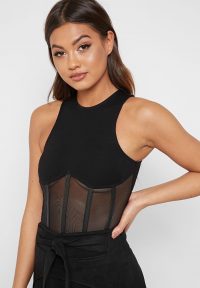 Manière De Voir MESH CORSET BANDAGE BODYSUIT – BLACK