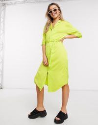 Monki Maggie satin midi shirt dress in lime green – curved hem dresses