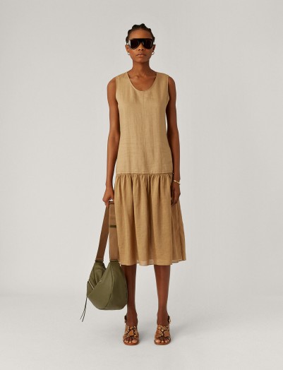 JOSEPH Nolen Ramie Voile Plisse Dress in Tan / sleeveless, drop hem dresses