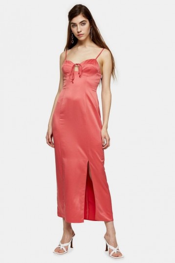 TOPSHOP Pink Bustier Midi Slip Dress – front slit cami dresses