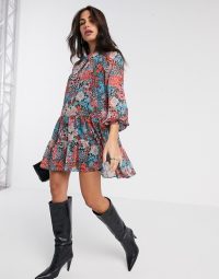 River Island long sleeve floral ruffled mini tea dress in blue / floaty fabric dresses