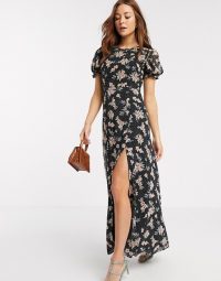 River Island short sleeve chiffon floral maxi dress in black / thigh high slit dresses