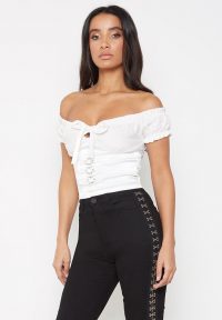 Manière De Voir RUFFLE BUSTIER TOP – WHITE | fitted bardot tops