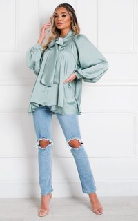 Ikrush Sabrina Satin Tie Neck Shirt Top in Mint – voluminous pusy bow blouses