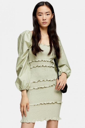 Topshop Sage Shirred Pop Mini Dress – smocked dresses
