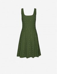 SANDRO Avah embellished stretch-knitted midi dress olive green – sleeveless fit and flare