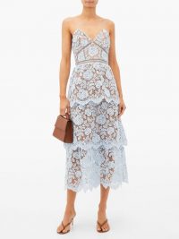 SELF-PORTRAIT Tiered floral-lace midi dress in light blue