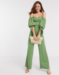 True Violet balloon sleeve bardot jumpsuit in green