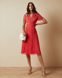 TED BAKER SONYYIA V neck lace midi dress – coral dresses