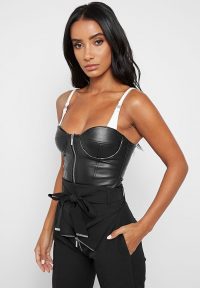 Manière De Voir VEGAN LEATHER CORSET BODYSUIT – BLACK | fitted bodysuits