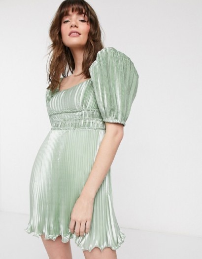 & Other Stories bow-back metallic mini dress in sage | green pleated dresses