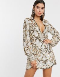 ASOS DESIGN plunge front shirt mini dress in tile embellishment cream