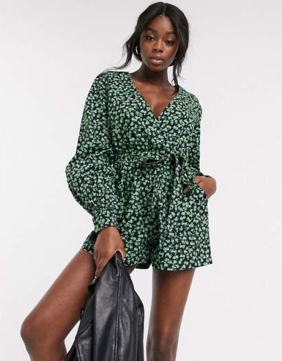 ASOS DESIGN puff sleeve wrap playsuit in ditsy floral print