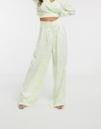 ASOS DESIGN soft jacquard wide leg co ord trousers pastel lime