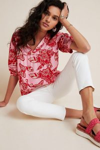 Vineet Bahl Steffani Floral Peasant Blouse Pink / butterfly prints