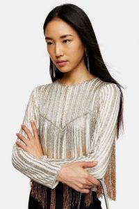 TOPSHOP Cream Embellished Cropped Jacket – fringed evening jackets