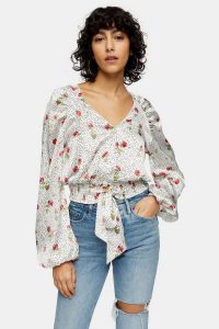 TOPSHOP Cream Satin Floral Dot Tie Front Blouse