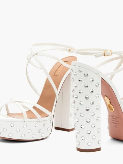 AQUAZZURA Disco crystal-embellished leather platform sandals in white ~ strappy block heel platforms