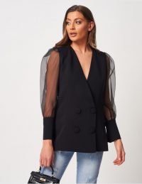 FOREVER UNIQUE Double-Breasted Tuxedo Blazer With Organza Sleeves ~ chic sheer sleeved jacket