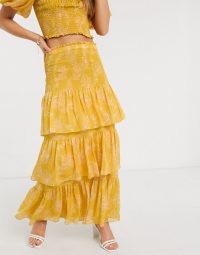 Forever New tiered ruffle maxi skirt co ord in mustard floral