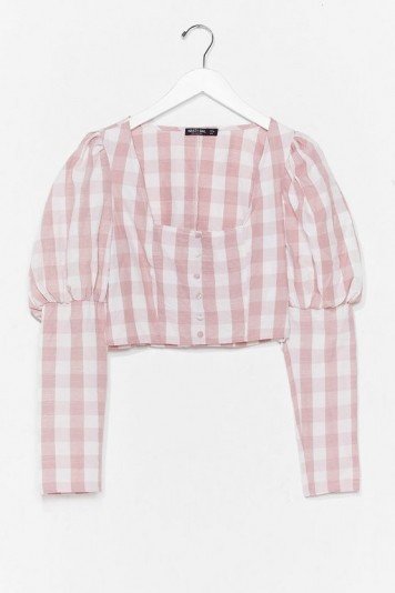 Gingham a Reason Puff Sleeve Cropped Blouse