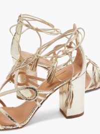 AQUAZZURA Gitana 85 metallic python-effect leather sandals ~ luxe ankle tie shoes