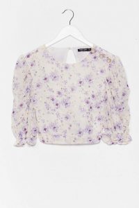 NASTY GAL Growing You Off Puff Sleeve Crop Top / lilac keyhole back blouse