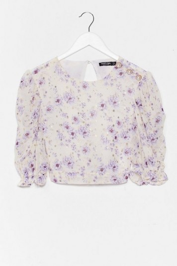 NASTY GAL Growing You Off Puff Sleeve Crop Top / lilac keyhole back blouse