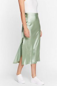 NASTY GAL Let’s Kick Split Satin Midi Skirt Pistachio