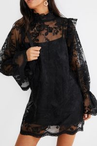 LORNA LUXE BLACK ‘EMANUEL’ ORNATE LACE FRILL MINI DRESS