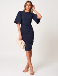 FOREVER UNIQUE Navy Crepe Ruched Midi Dress With Wide Sleeves ~ chic blue occasion dresses