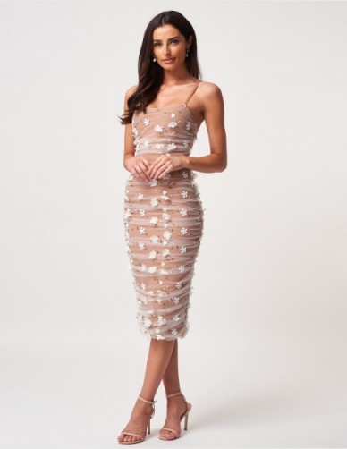 FOREVER UNIQUE Nude And Ivory Netted Rushed Bodycon Midi Dress With Floral Detailing ~ feminine occasion wear