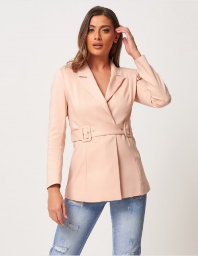 FOREVER UNIQUE Nude Longline Blazer ~ chic double buckle jacket