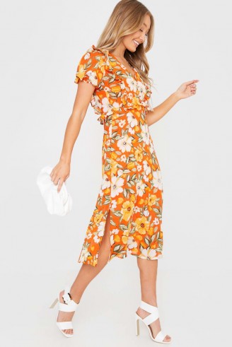 IN THE STYLE ORANGE FLORAL FRILL BUTTON DETAIL MIDI DRESS / bright summer dresses