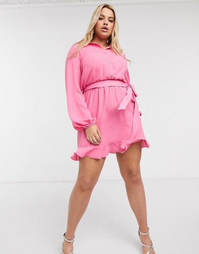 Outrageous Fortune Plus shirt dress with frilly hem in pink